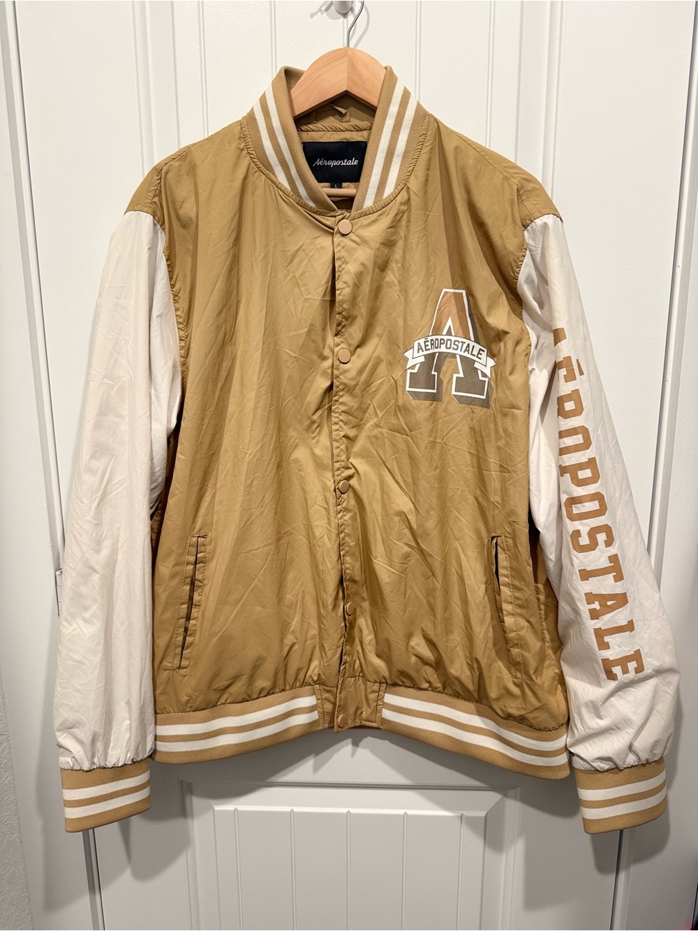 Aeropostale Men's Tan and White Varsity Bomber Jacket